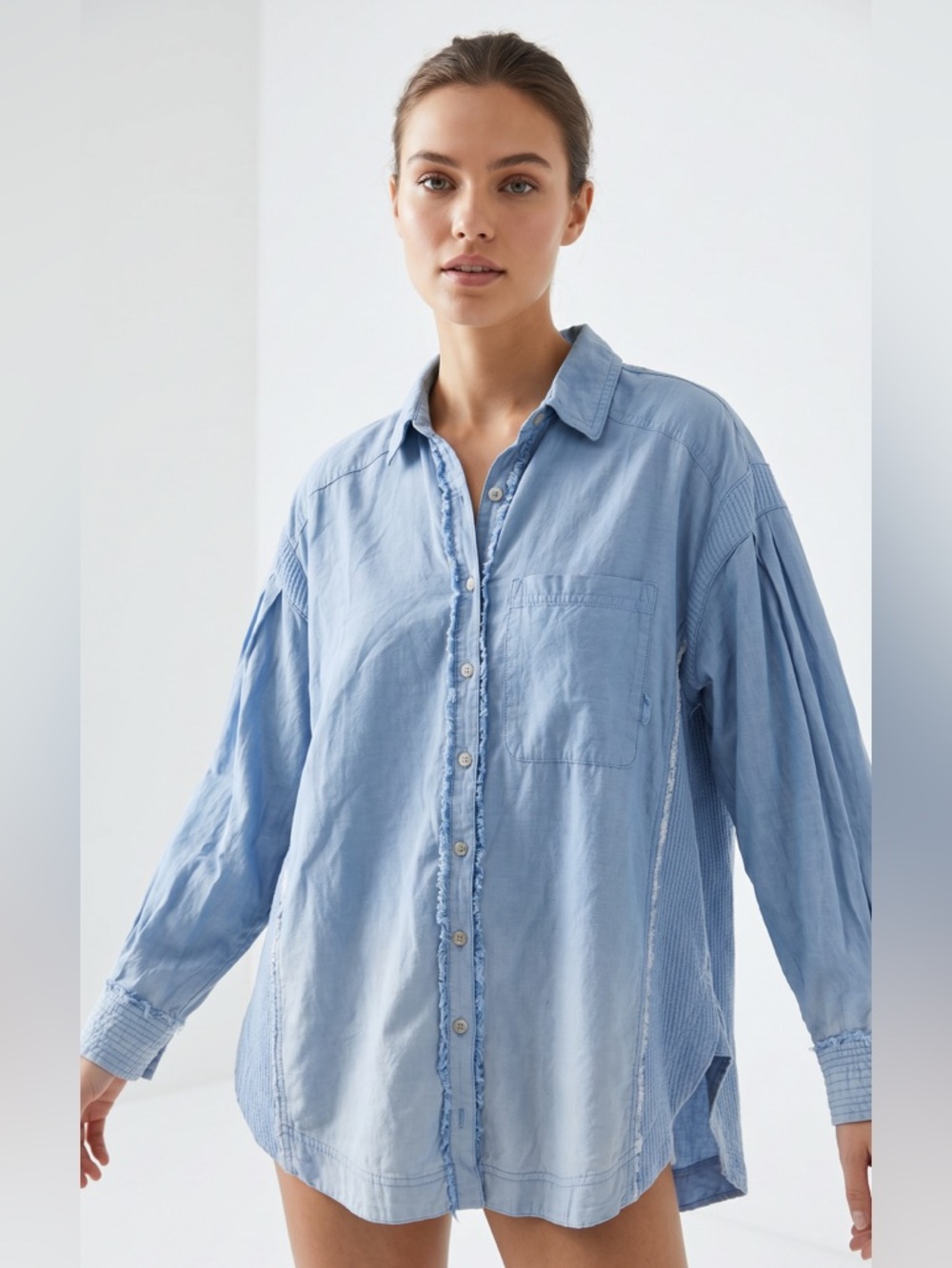 We the Free Blue Chambray Waffle Button-Front Oversized Boho Blouse Extra Small